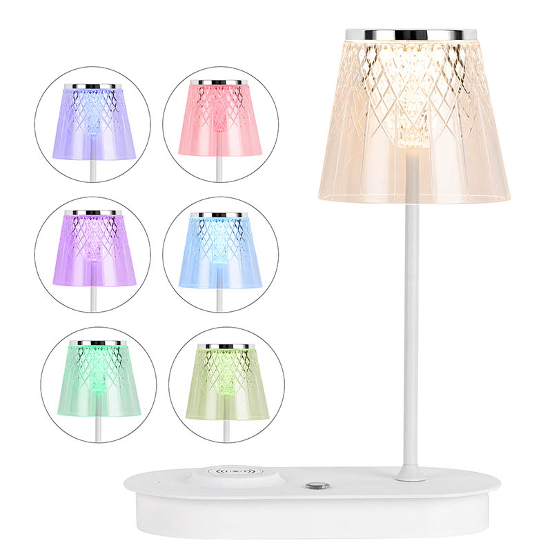 Lámpara de escritorio LED de sombra transparente con cargador inalámbrico